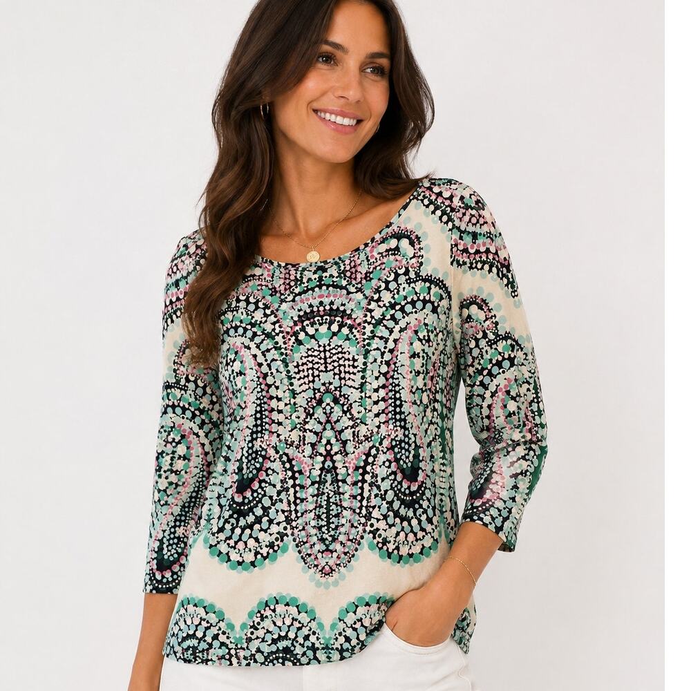 Talbots Tee Womens Small Petite Dotted Paisley Cotton Bateau Neck Preppy Top